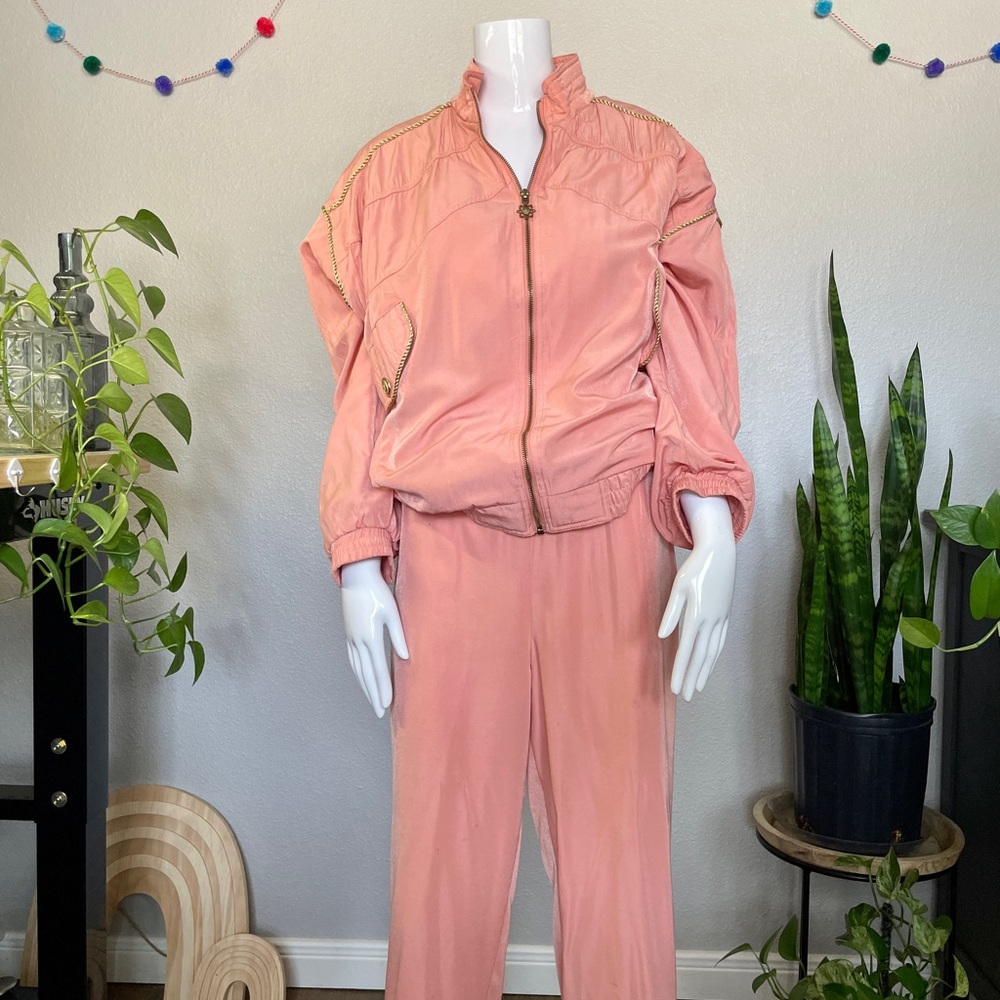 VTG 80s East West Medium Pink Matching Track Suit with Gold Trim